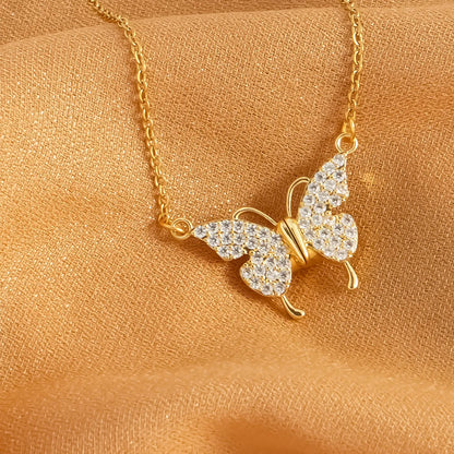 304 Stainless Steel 18K Gold Plated Elegant Lady Streetwear Plating Inlay Butterfly Zircon Double Layer Necklaces Pendant Necklace