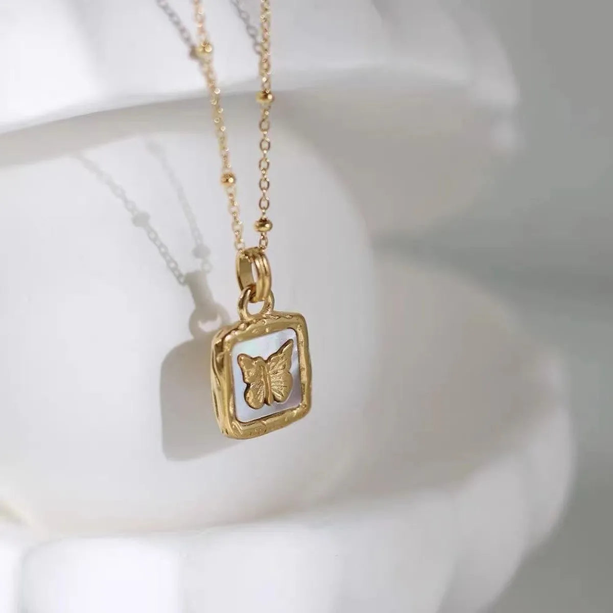 304 Stainless Steel 18K Gold Plated Elegant Lady Streetwear Plating Inlay Butterfly Zircon Double Layer Necklaces Pendant Necklace