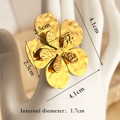 304 Stainless Steel 18K Gold Plated Elegant Retro Pleated Flower Open Rings