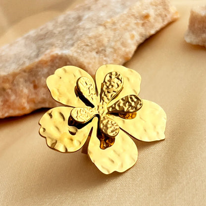 304 Stainless Steel 18K Gold Plated Elegant Retro Pleated Flower Open Rings