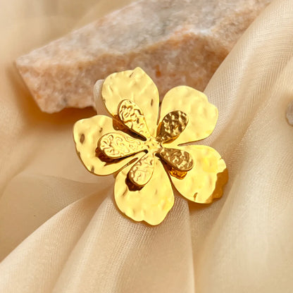 304 Stainless Steel 18K Gold Plated Elegant Retro Pleated Flower Open Rings