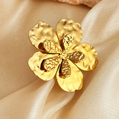 304 Stainless Steel 18K Gold Plated Elegant Retro Pleated Flower Open Rings