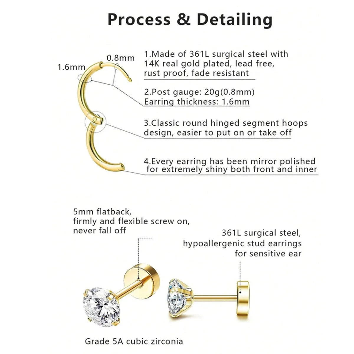 304 Stainless Steel 18K Gold Plated Elegant Shiny Plating Inlay Solid Color Zircon Earrings Jewelry Set