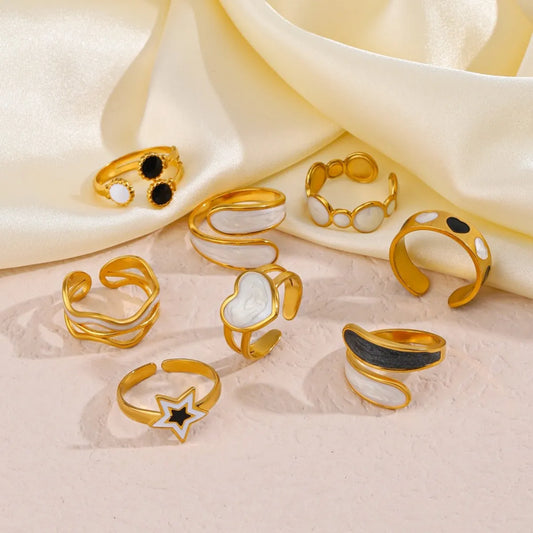 304 Stainless Steel 18K Gold Plated Elegant Simple Style Commute Enamel Hollow Out Pentagram Heart Shape Enamel Open Rings