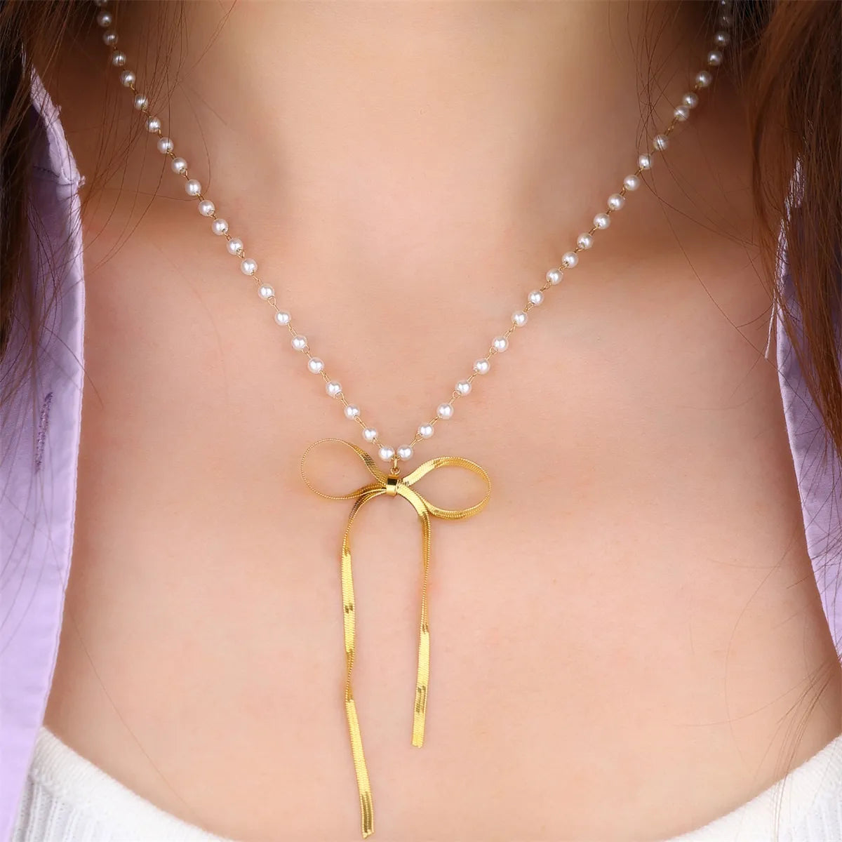 304 Stainless Steel 18K Gold Plated Elegant Simple Style Pearl Heart Shape Bow Knot Pendant Necklace