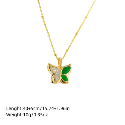 Copper K Gold Plated Elegant Simple Style Plating Inlay Four Leaf Clover Butterfly Fish Tail Rhinestones Pendant Necklace