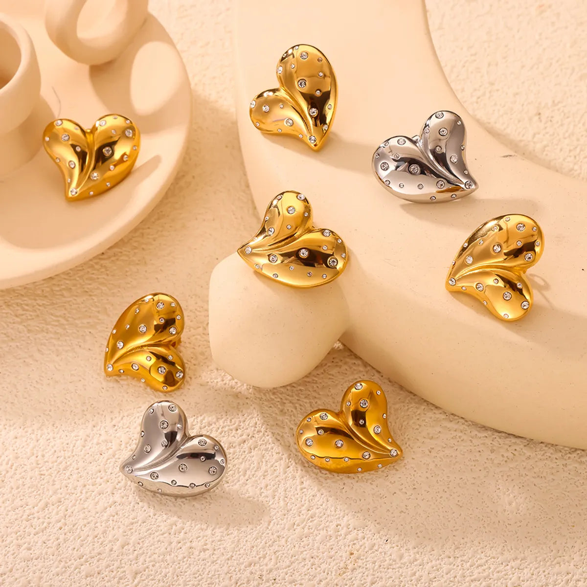 304 Stainless Steel 18K Gold Plated Elegant Simple Style Plating Inlay Heart Shape Rhinestones Earrings Necklace