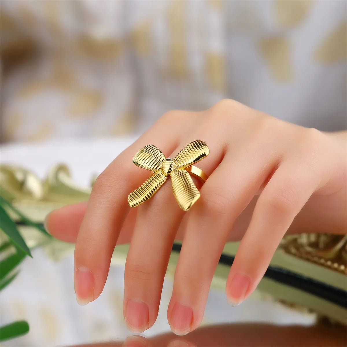 304 Stainless Steel 18K Gold Plated Glam Asymmetrical Inlay Star Starfish Bow Knot Zircon Open Rings