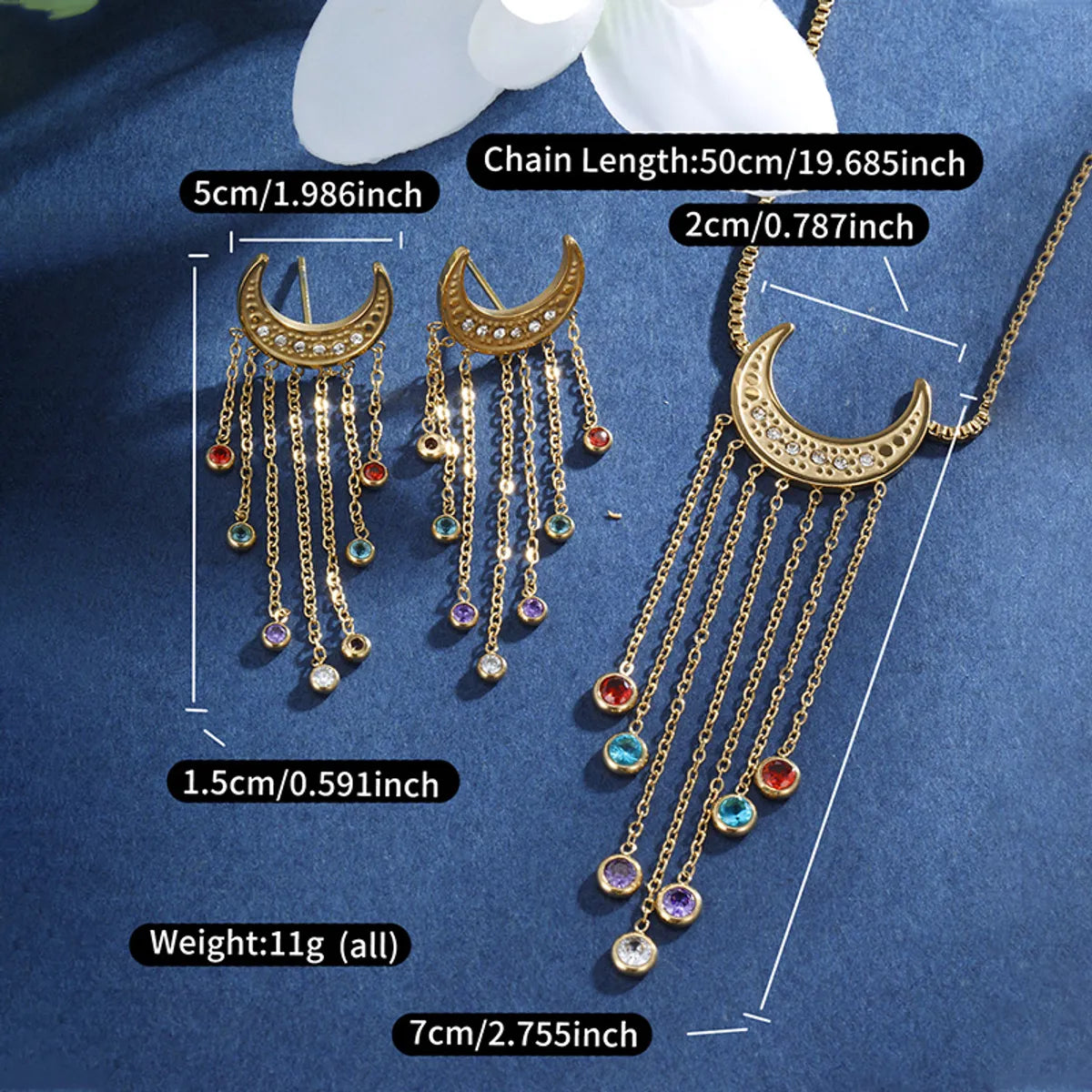 304 Stainless Steel 18K Gold Plated Glam XUPING Sweet Tassel Plating Inlay Moon Artificial Gemstones Jewelry Set