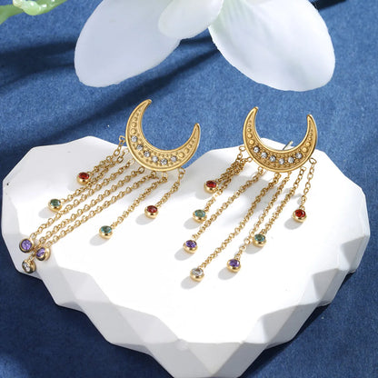 304 Stainless Steel 18K Gold Plated Glam XUPING Sweet Tassel Plating Inlay Moon Artificial Gemstones Jewelry Set