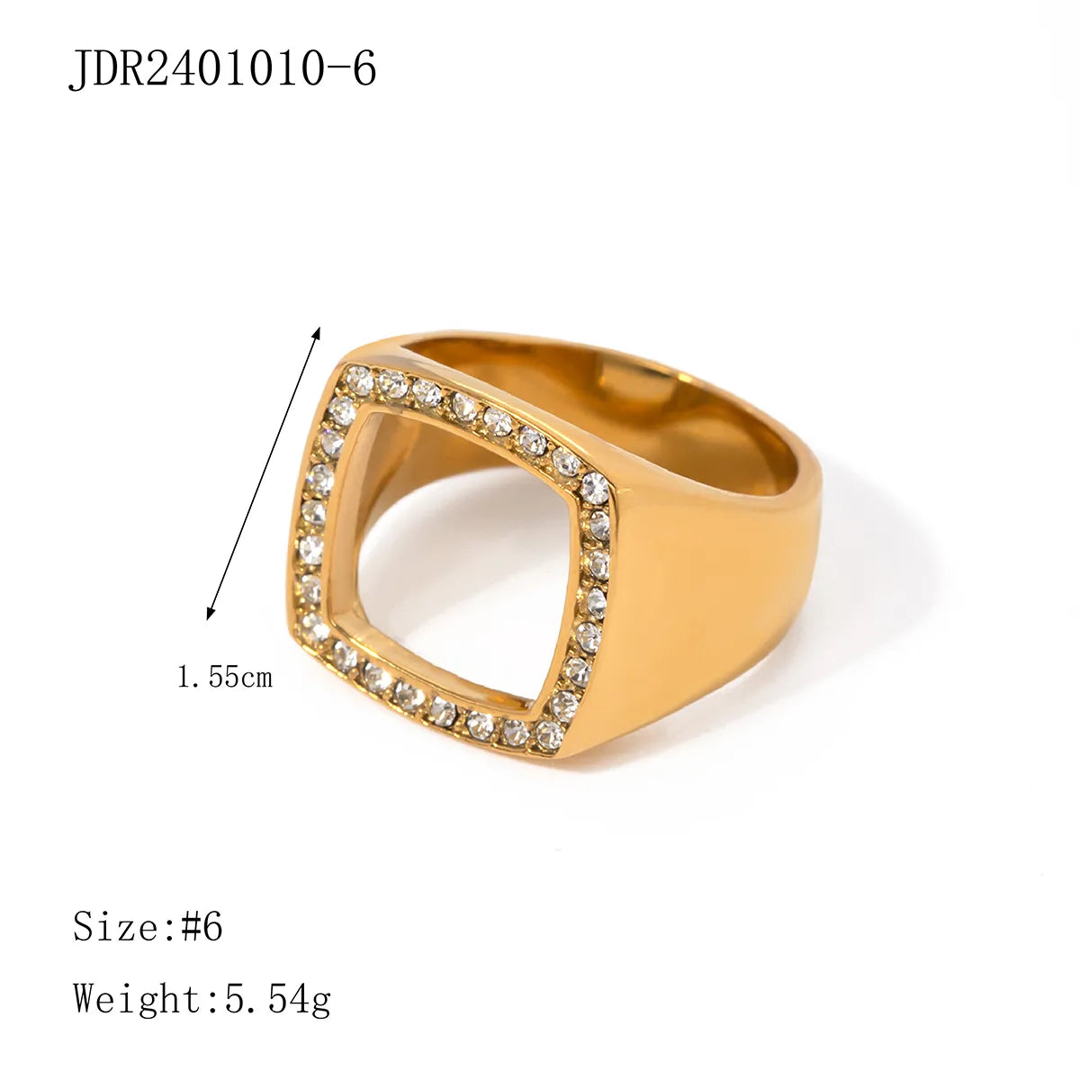 Wholesale Jewelry IG Style Square 304 Stainless Steel Rhinestones 18K Gold Plated Hollow Out Inlay Rings