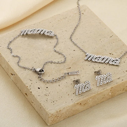 Wholesale Jewelry IG Style MAMA Simple Style Letter 304 Stainless Steel Zircon 18K Gold Plated Inlay Bracelets Earrings Necklace