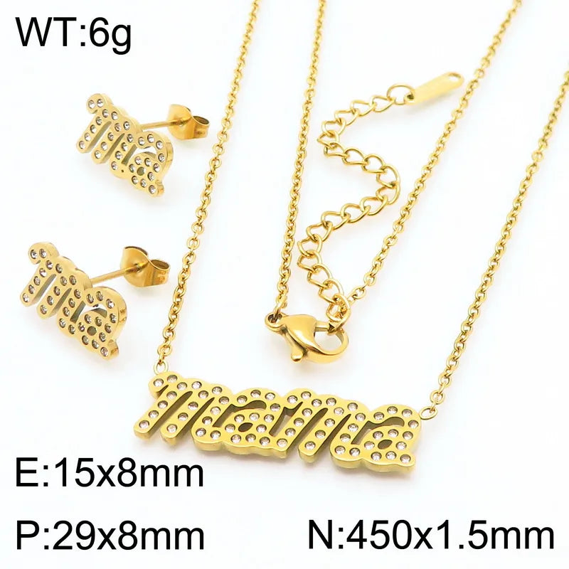 Wholesale Jewelry IG Style MAMA Simple Style Letter 304 Stainless Steel Zircon 18K Gold Plated Inlay Bracelets Earrings Necklace