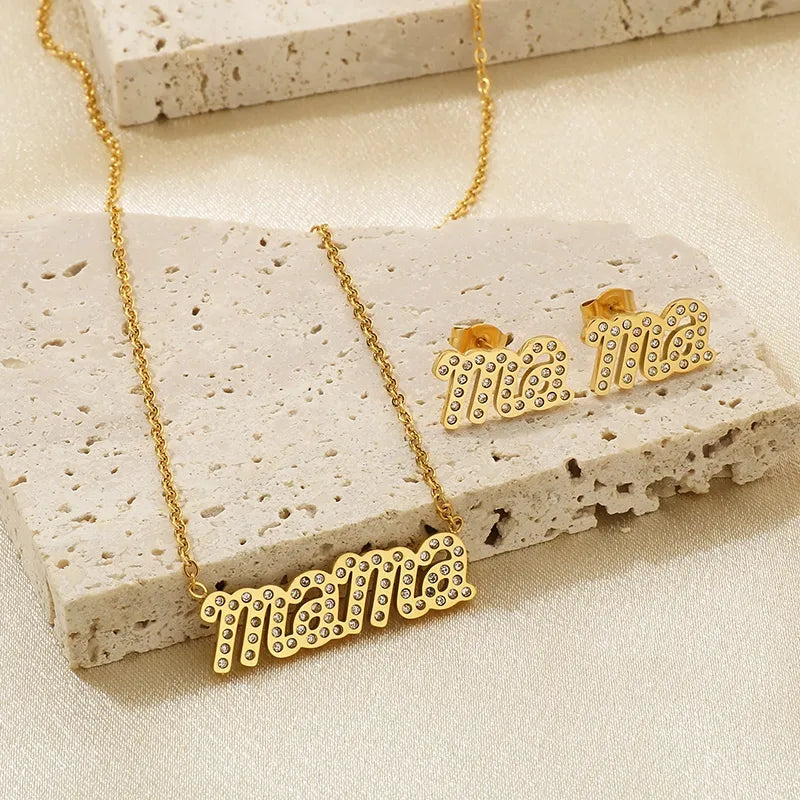 Wholesale Jewelry IG Style MAMA Simple Style Letter 304 Stainless Steel Zircon 18K Gold Plated Inlay Bracelets Earrings Necklace