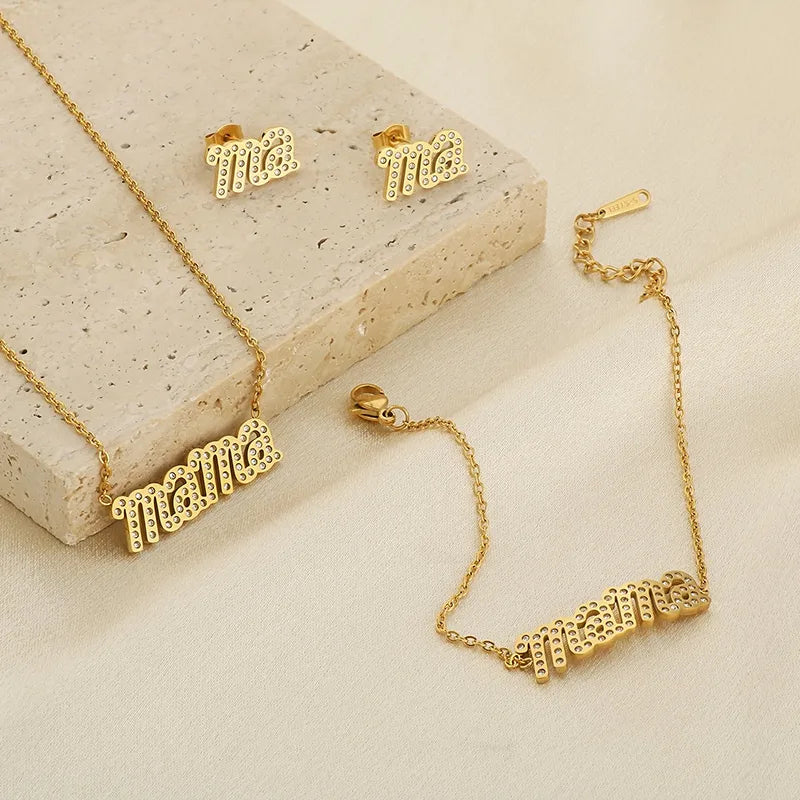 Wholesale Jewelry IG Style MAMA Simple Style Letter 304 Stainless Steel Zircon 18K Gold Plated Inlay Bracelets Earrings Necklace