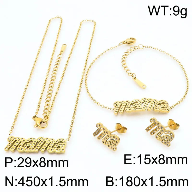 Wholesale Jewelry IG Style MAMA Simple Style Letter 304 Stainless Steel Zircon 18K Gold Plated Inlay Bracelets Earrings Necklace