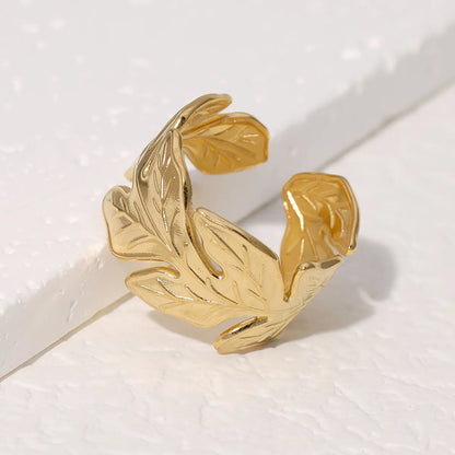 304 Stainless Steel 18K Gold Plated IG Style Pastoral Simple Style Leaves Open Rings