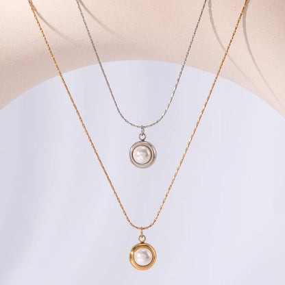 Wholesale Jewelry IG Style Romantic Simple Style Round 304 Stainless Steel Pearl 18K Gold Plated Three-Dimensional Inlay Pendant Necklace