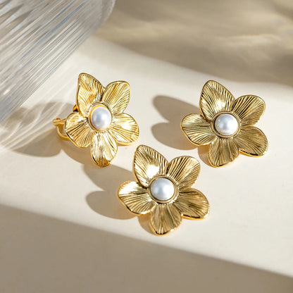 Wholesale Jewelry IG Style Simple Style Flower 304 Stainless Steel Turquoise 18K Gold Plated Inlay Rings Earrings