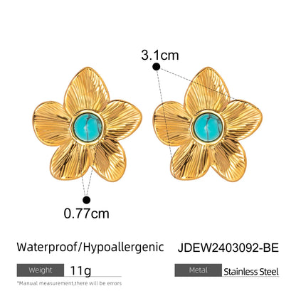 Wholesale Jewelry IG Style Simple Style Flower 304 Stainless Steel Turquoise 18K Gold Plated Inlay Rings Earrings