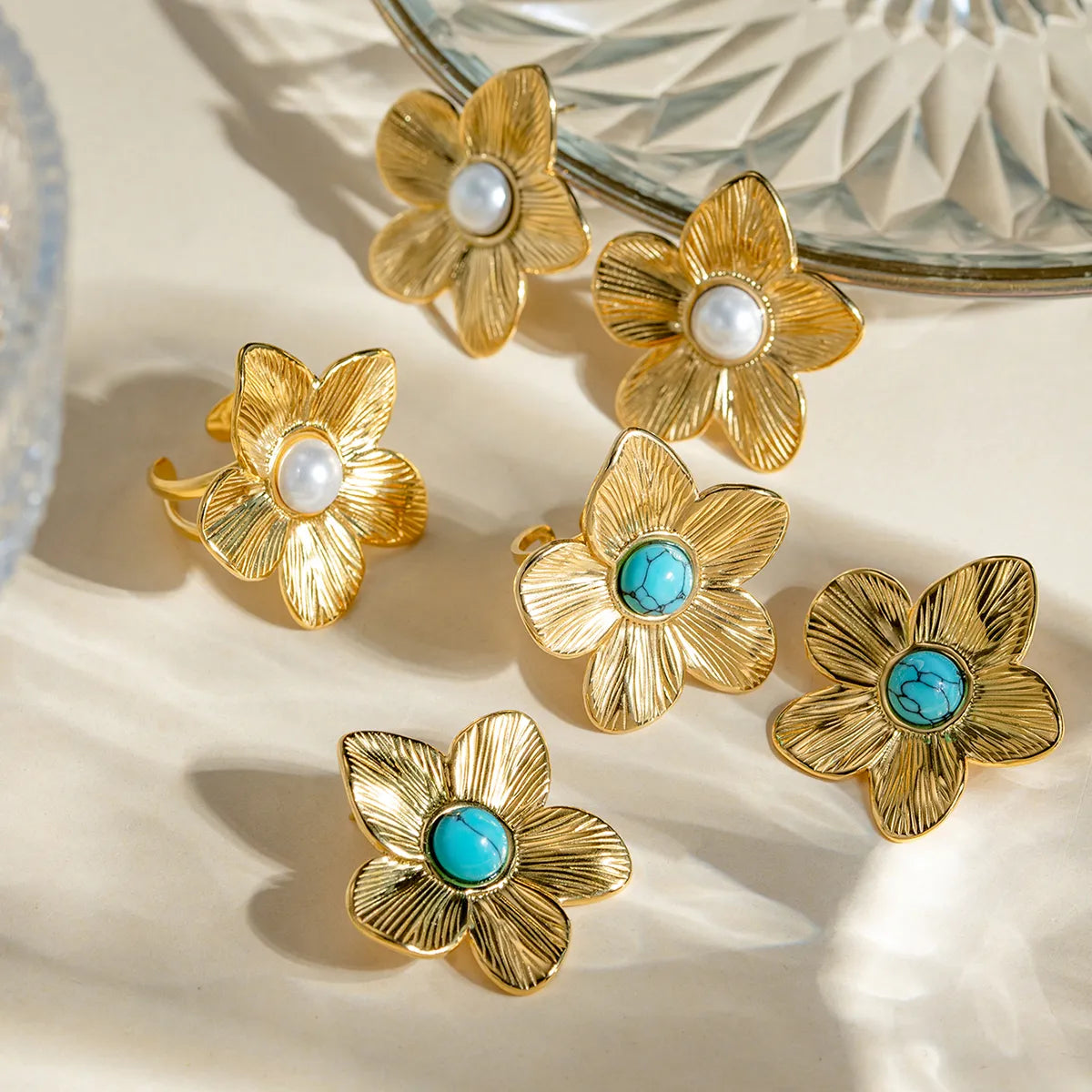 Wholesale Jewelry IG Style Simple Style Flower 304 Stainless Steel Turquoise 18K Gold Plated Inlay Rings Earrings