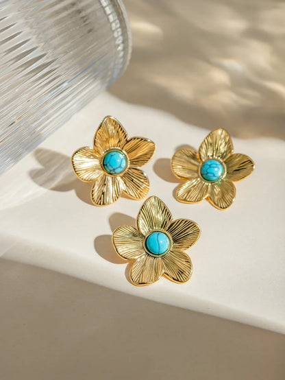 Wholesale Jewelry IG Style Simple Style Flower 304 Stainless Steel Turquoise 18K Gold Plated Inlay Rings Earrings