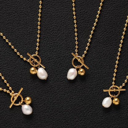 Wholesale Jewelry IG Style Simple Style Geometric 316 Stainless Steel  18K Gold Plated Toggle Pearl Pendant Necklace