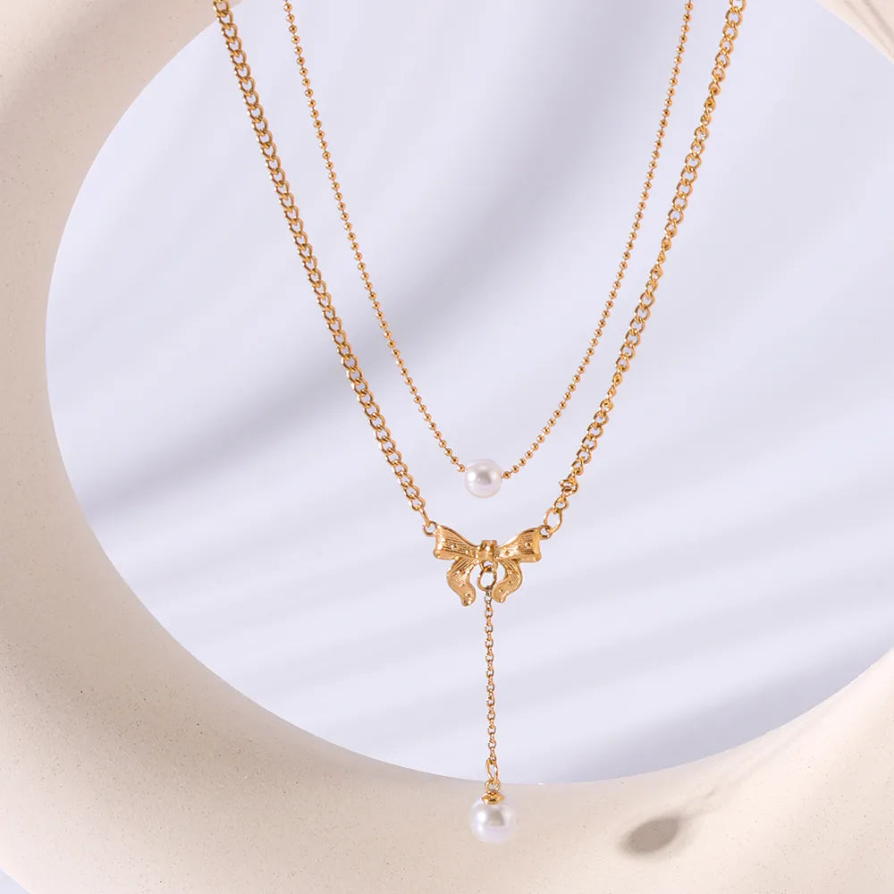 304 Stainless Steel 18K Gold Plated IG Style Sweet Inlay Bow Knot Pearl Double Layer Necklaces