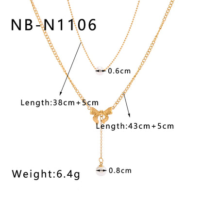 304 Stainless Steel 18K Gold Plated IG Style Sweet Inlay Bow Knot Pearl Double Layer Necklaces