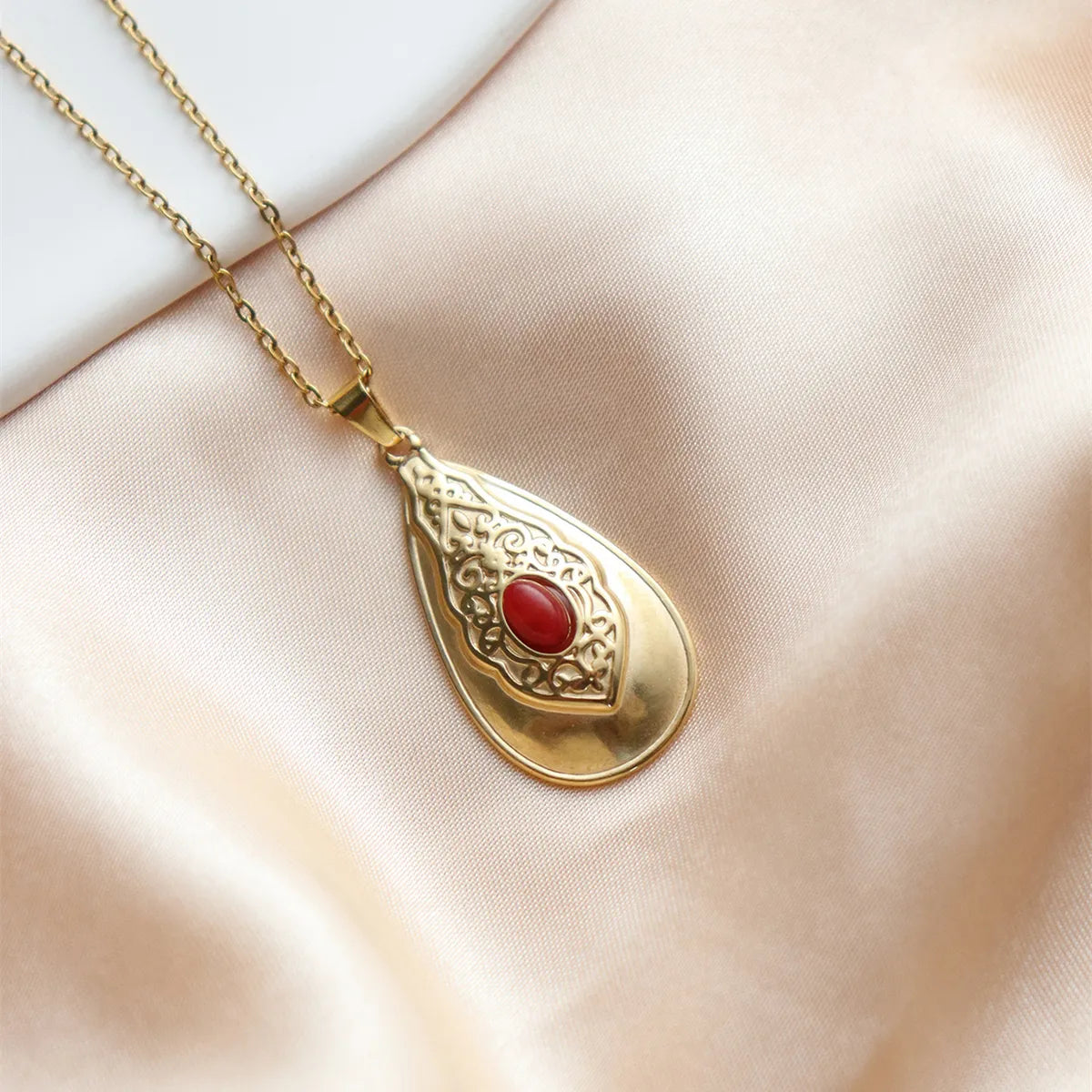 Wholesale Jewelry IG Style Vintage Style French Style Sun Oval Water Droplets 304 Stainless Steel Natural Stone 18K Gold Plated Inlay Pendant Necklace