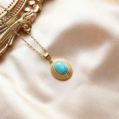 Wholesale Jewelry IG Style Vintage Style French Style Sun Oval Water Droplets 304 Stainless Steel Natural Stone 18K Gold Plated Inlay Pendant Necklace