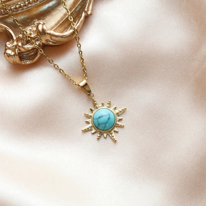 Wholesale Jewelry IG Style Vintage Style French Style Sun Oval Water Droplets 304 Stainless Steel Natural Stone 18K Gold Plated Inlay Pendant Necklace