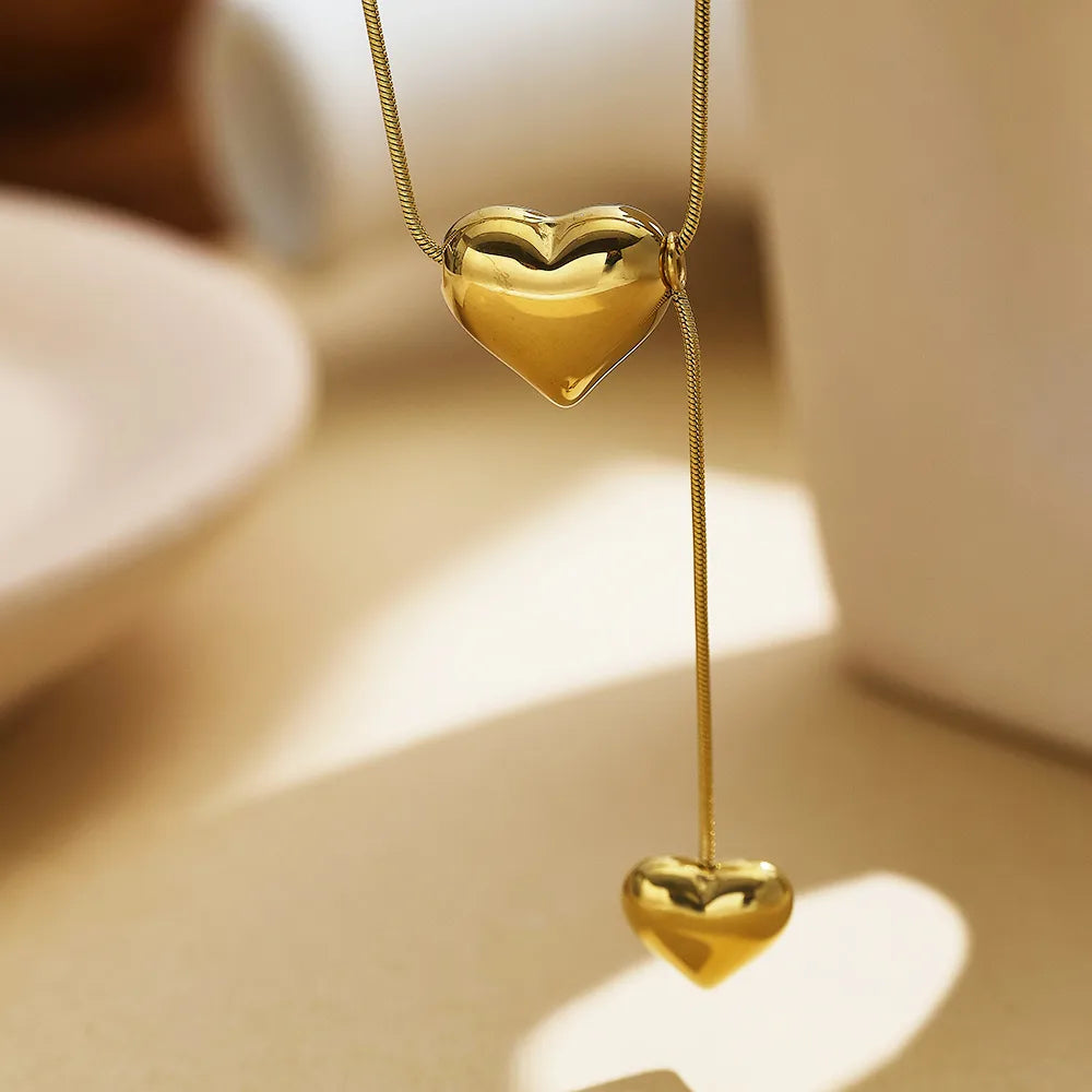 304 Stainless Steel 18K Gold Plated Modern Style Simple Style Plating Double Heart Heart Shape Pendant Necklace