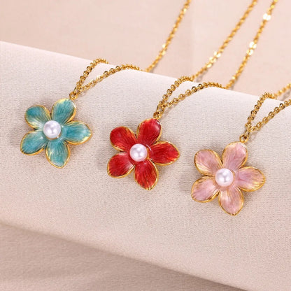 304 Stainless Steel 18K Gold Plated Pastoral Simple Style Flower Artificial Pearls Pendant Necklace