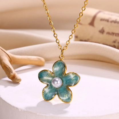 304 Stainless Steel 18K Gold Plated Pastoral Simple Style Flower Artificial Pearls Pendant Necklace