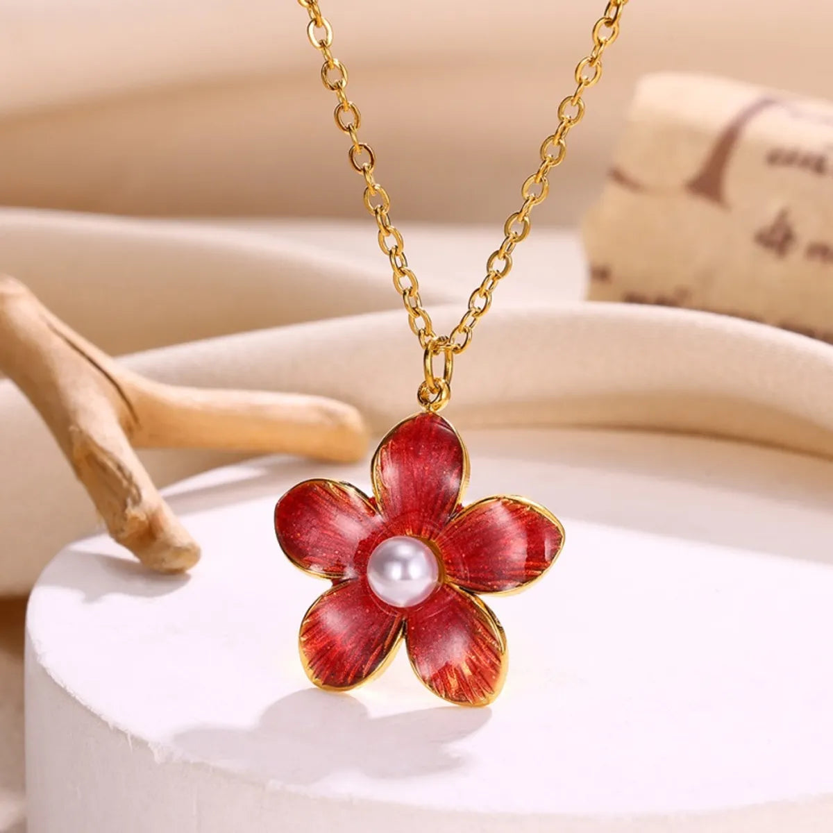 304 Stainless Steel 18K Gold Plated Pastoral Simple Style Flower Artificial Pearls Pendant Necklace