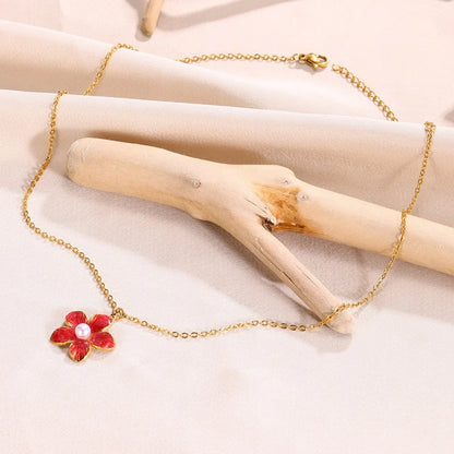 304 Stainless Steel 18K Gold Plated Pastoral Simple Style Flower Artificial Pearls Pendant Necklace