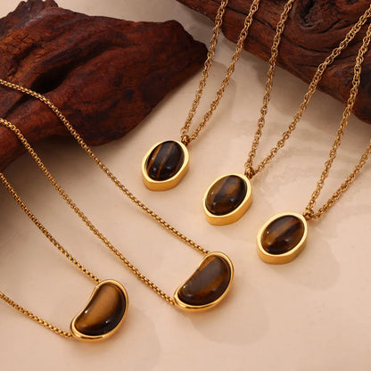 304 Stainless Steel 18K Gold Plated Retro British Style Plating Inlay Oval Pea Natural Stone Tiger Eye Pendant Necklace