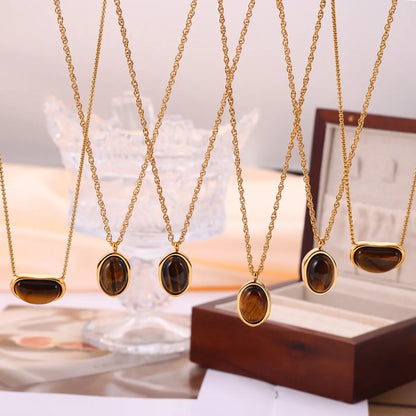 304 Stainless Steel 18K Gold Plated Retro British Style Plating Inlay Oval Pea Natural Stone Tiger Eye Pendant Necklace