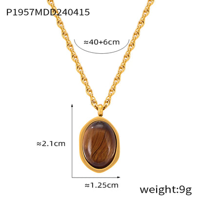 304 Stainless Steel 18K Gold Plated Retro British Style Plating Inlay Oval Pea Natural Stone Tiger Eye Pendant Necklace