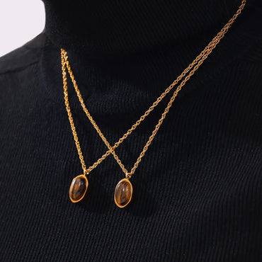 304 Stainless Steel 18K Gold Plated Retro British Style Plating Inlay Oval Pea Natural Stone Tiger Eye Pendant Necklace