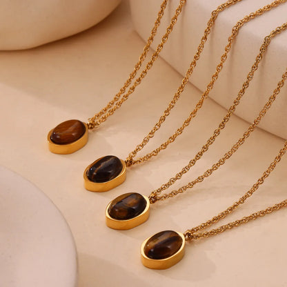 304 Stainless Steel 18K Gold Plated Retro British Style Plating Inlay Oval Pea Natural Stone Tiger Eye Pendant Necklace