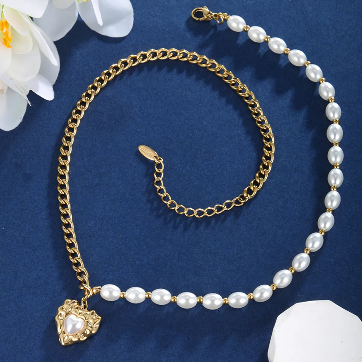 Wholesale Jewelry Retro XUPING Heart Shape 304 Stainless Steel Artificial Pearls 18K Gold Plated Beaded Plating Inlay Pendant Necklace