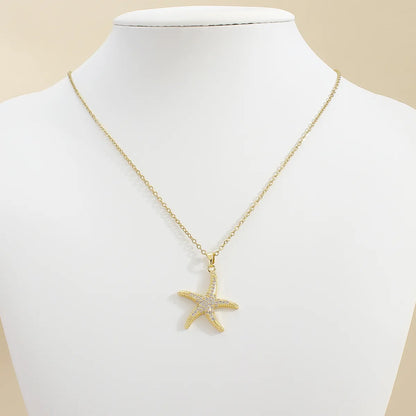 304 Stainless Steel 18K Gold Plated Romantic Shiny Plating Inlay Starfish Zircon Pendant Necklace