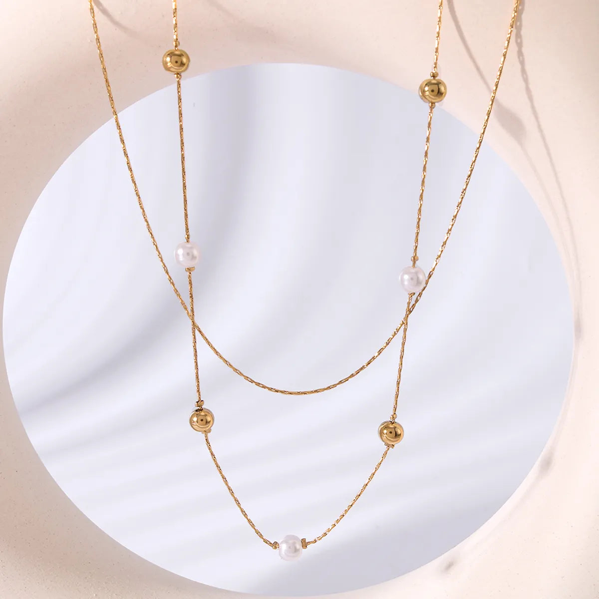 304 Stainless Steel 18K Gold Plated Romantic Simple Style Pearl Round Double Layer Necklaces