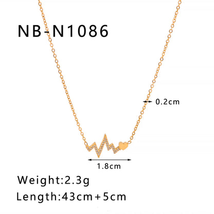 304 Stainless Steel 18K Gold Plated Romantic Simple Style Shiny Asymmetrical Inlay Electrocardiogram Heart Shape Rhinestones Necklace