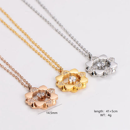 304 Stainless Steel 18K Gold Plated Rose Gold Plated Casual Preppy Style Sweet Inlay Heart Shape Flower Rhinestones Pendant Necklace