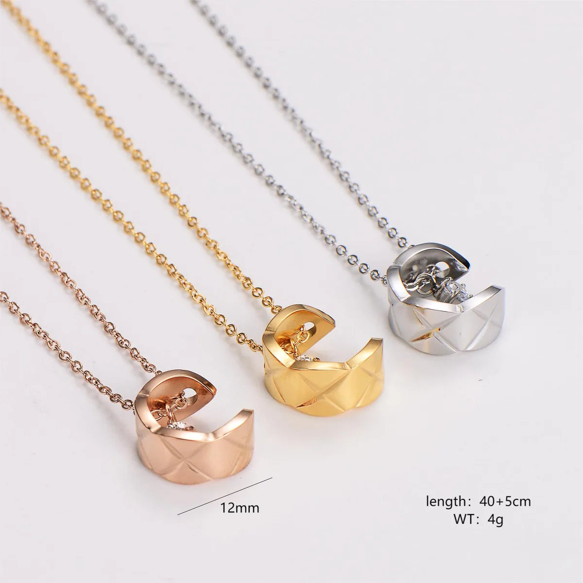 304 Stainless Steel 18K Gold Plated Rose Gold Plated Casual Simple Style Inlay C Shape Rhombus Zircon Pendant Necklace