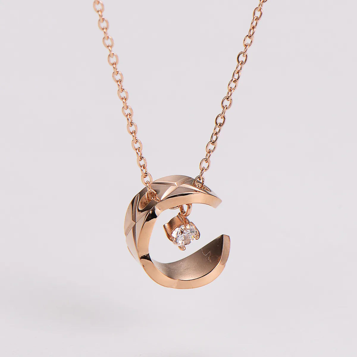 304 Stainless Steel 18K Gold Plated Rose Gold Plated Casual Simple Style Inlay C Shape Rhombus Zircon Pendant Necklace