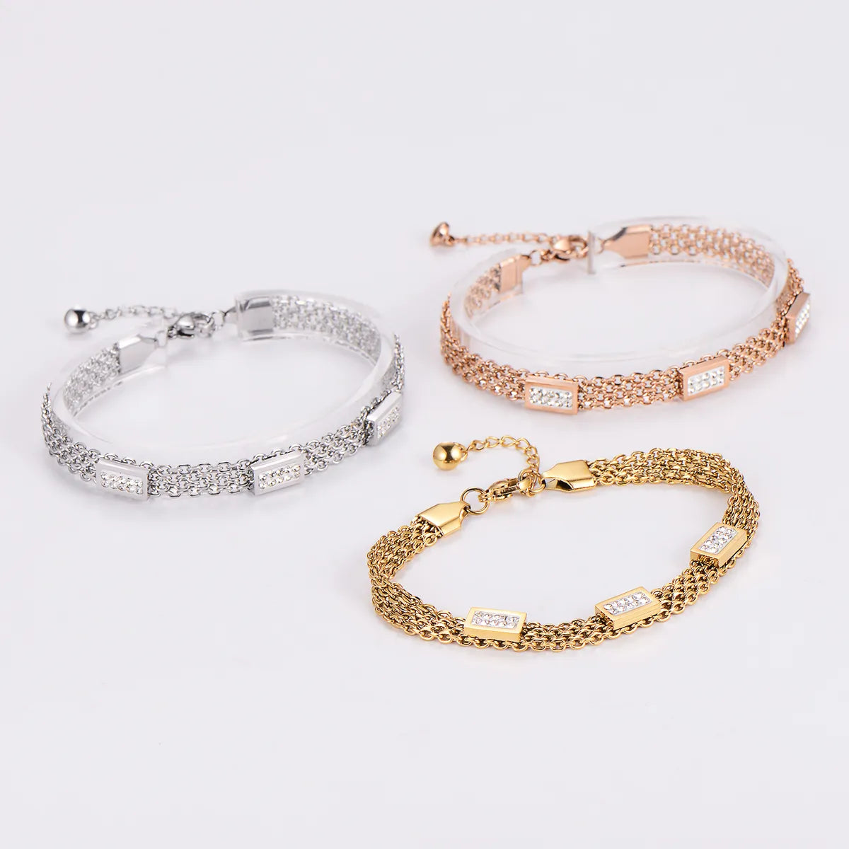 Cute Shiny Solid Color 304 Stainless Steel 18K Gold Plated Rose Gold Plated Rhinestones Bracelets In Bulk